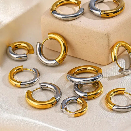 Gold Plated Double Colour Huggie Earrings – Stainless Steel Silver & Gold Hoops for Women, Punk Jewellery Ring Earrings - Rehmiar