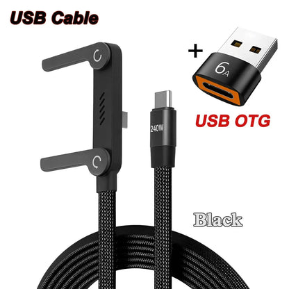 2-in-1 240W Fast Charging Foldable Bracket Cable – Type-C to Type-C & USB to Type-C with OTG Phone Stand - Rehmiar