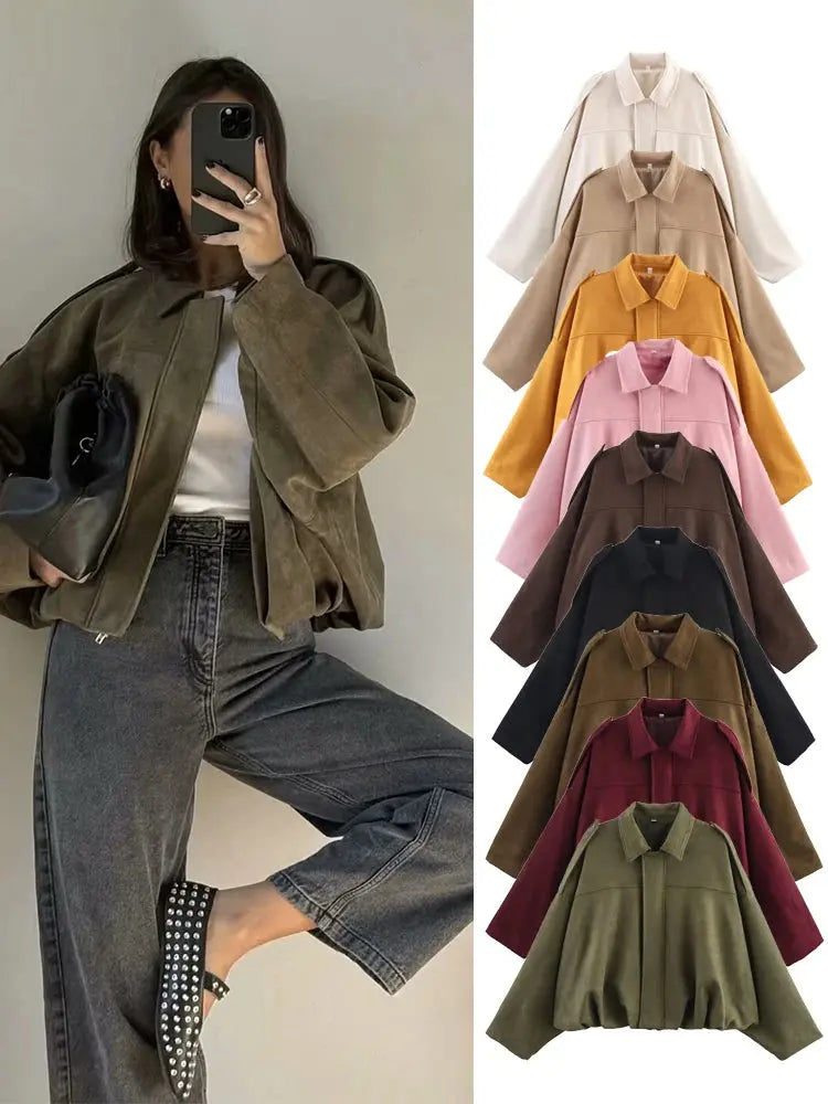 Women's Suede Bomber Jacket – Long Sleeve Zipper Oversize Solid Coat, Chic Streetwear - Rehmiar