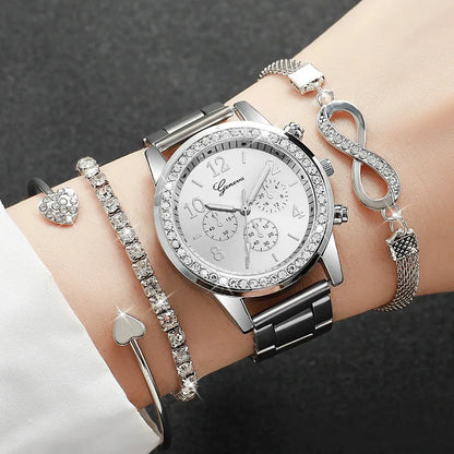 4PCS Set Rhinestone Luxury Steel Band Ladies Quartz Women Watches with Bracelets Set - Rehmiar