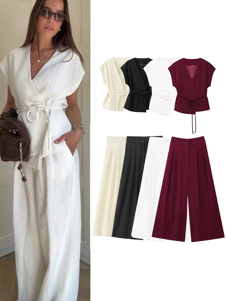 Women's Trouser Suits Sleeveless V-Neck Top with Belt Straight Pants Sets - Rehmiar