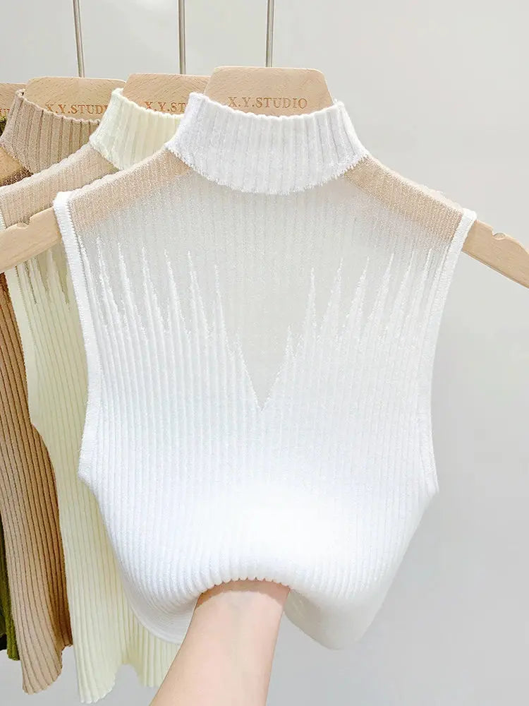Mesh Knitted Tank Top Women – Y2K Half Neck Sleeveless Vest, Cut Out Streetwear, Solid Skinny Tube Top