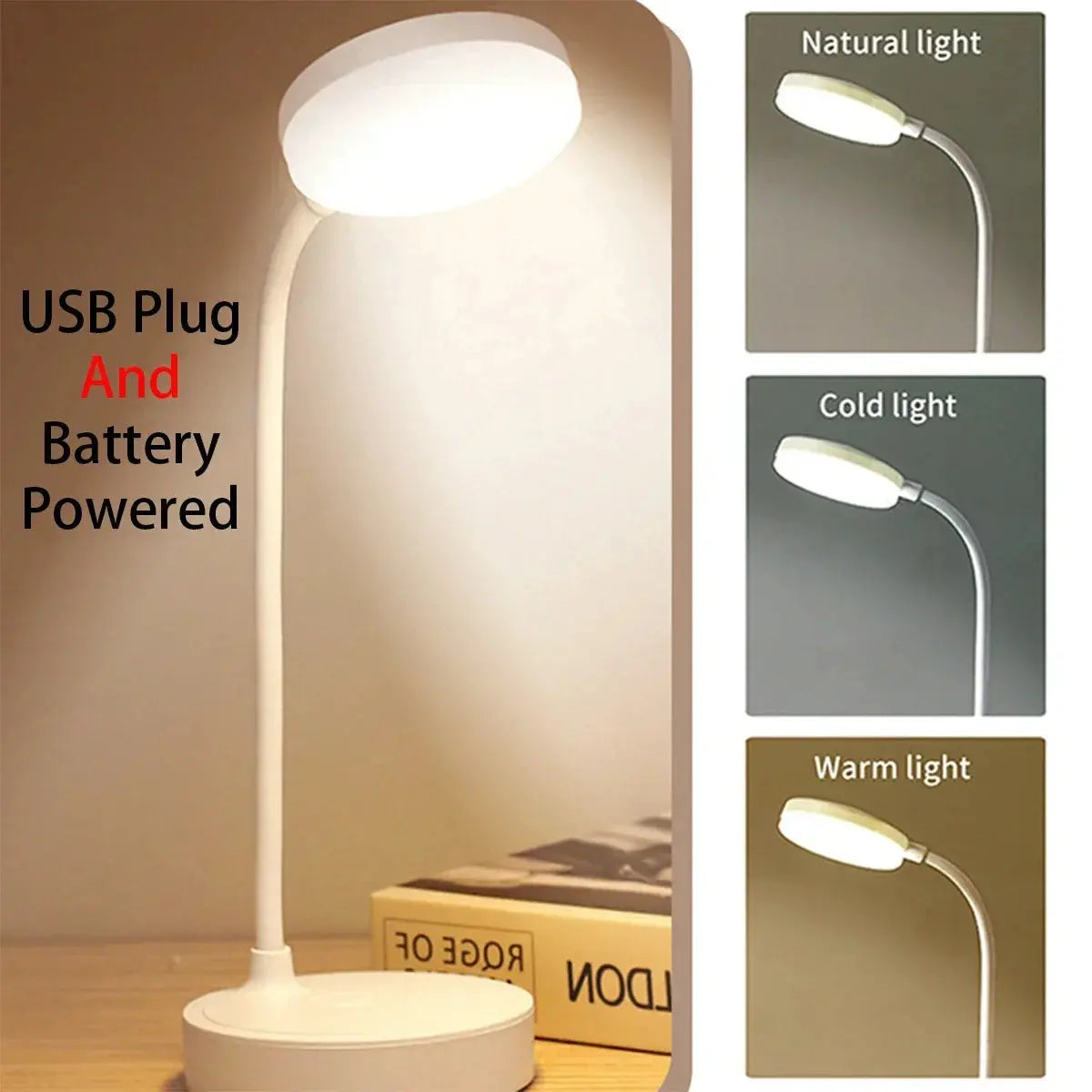 Portable LED Desk Lamp – USB Plug or Battery Powered, 3 Colours & Stepless Dimming, Eye-Protection Bedside Lamp for Bedroom - Rehmiar