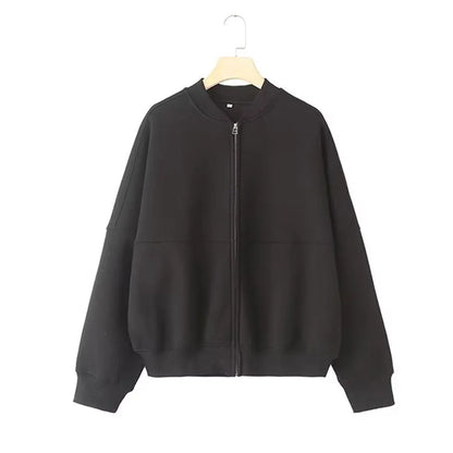 Women's 2-piece Retro Solid Colour Zipper Bomber Jacket Sweatshirt + High-waisted Loose Velvet Pants - Rehmiar