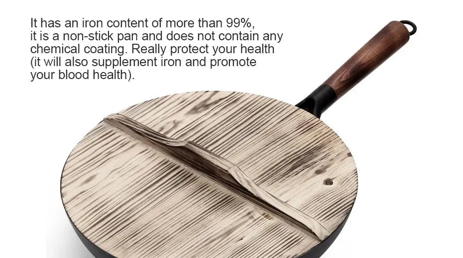 32cm Carbon Steel Wok Pan – Non-Stick Flat Bottom Stir Fry Wok with Wooden Lid for Electric Induction and Gas Stove - Rehmiar