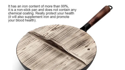 32cm Carbon Steel Wok Pan – Non-Stick Flat Bottom Stir Fry Wok with Wooden Lid for Electric Induction and Gas Stove - Rehmiar