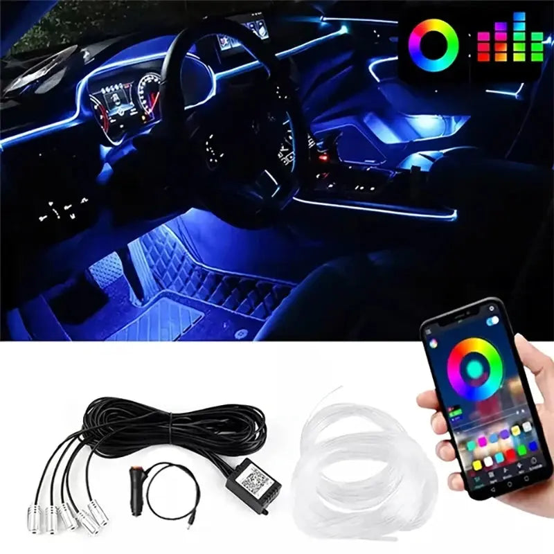 5-in-1 Car Interior LED Ambient Light Strip – 6M Fiber Optic Atmosphere Lighting Kit with APP & Remote Control - Rehmiar