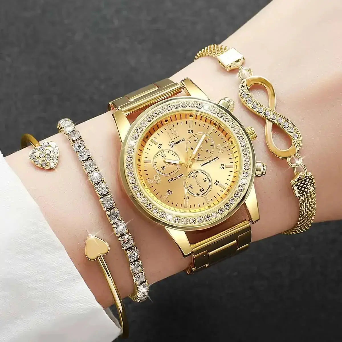 4PCS Set Rhinestone Luxury Steel Band Ladies Quartz Women Watches with Bracelets Set - Rehmiar