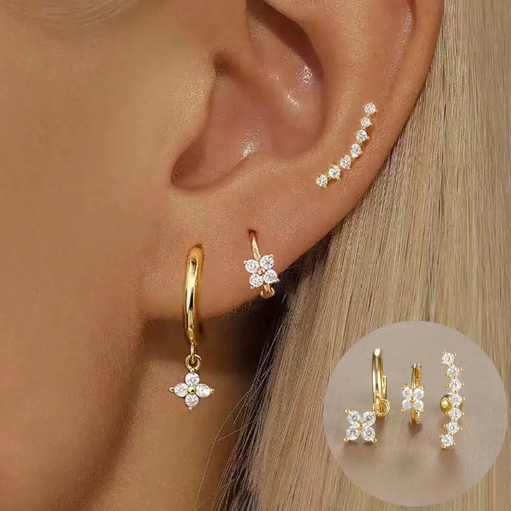 3PCS Stainless Steel Gold Colour Crown Stud Earring Set for Women 14K Gold Plated Crystal Zircon Unique Horse Eye Earring Jewellery