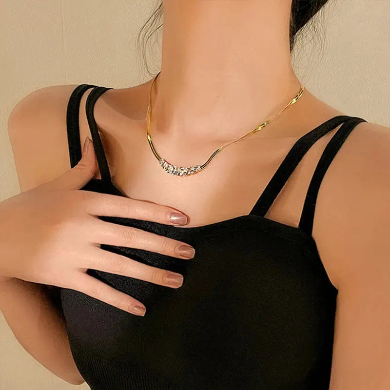 DIEYURO Stainless Steel Crystal Zircon Necklace – Green & White Luxury Snake Flat Chain for Women, Wedding Gift Rehmiar