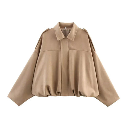 Women's Suede Bomber Jacket – Long Sleeve Zipper Oversize Solid Coat, Chic Streetwear - Rehmiar