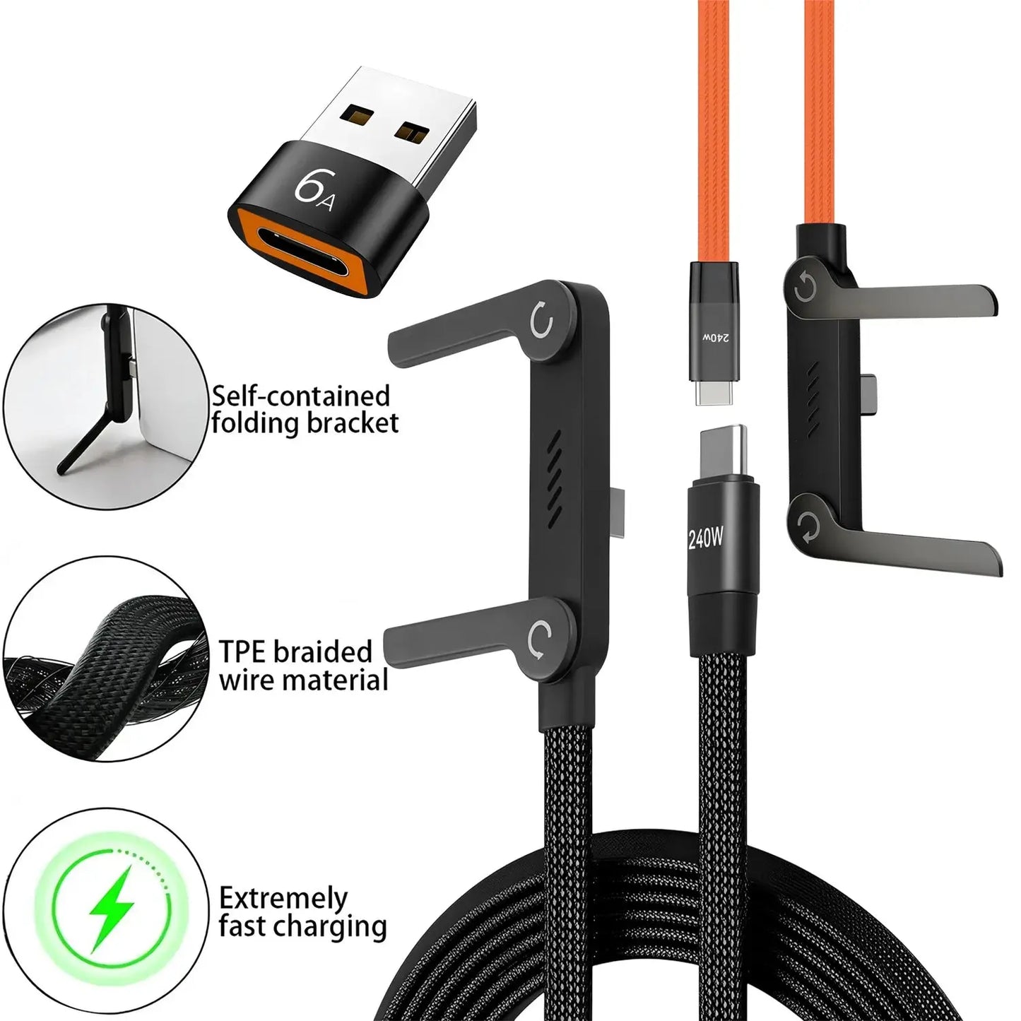 2-in-1 240W Fast Charging Foldable Bracket Cable – Type-C to Type-C & USB to Type-C with OTG Phone Stand - Rehmiar