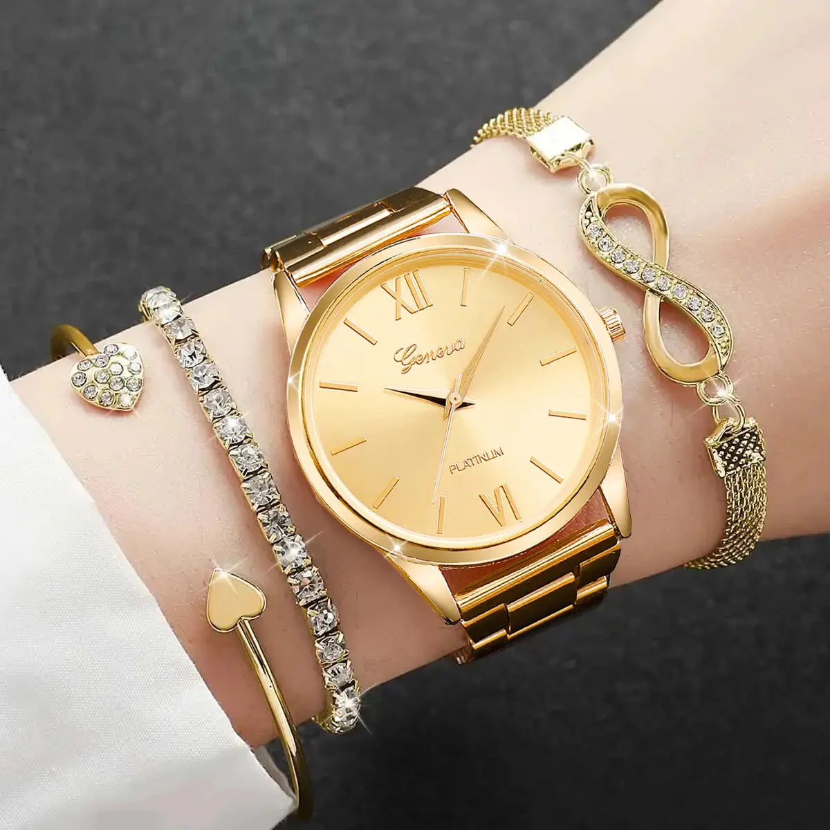 4PCS Set Rhinestone Luxury Steel Band Ladies Quartz Women Watches with Bracelets Set - Rehmiar