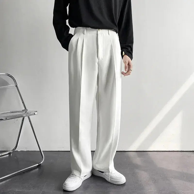 Men's Straight Pants – Korean Loose Fit Casual Draped Baggy Wide Leg Trousers, White Streetwear