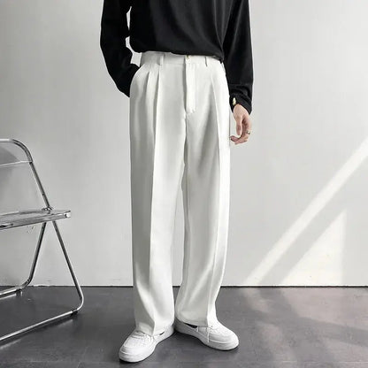 Men's Straight Pants – Korean Loose Fit Casual Draped Baggy Wide Leg Trousers, White Streetwear