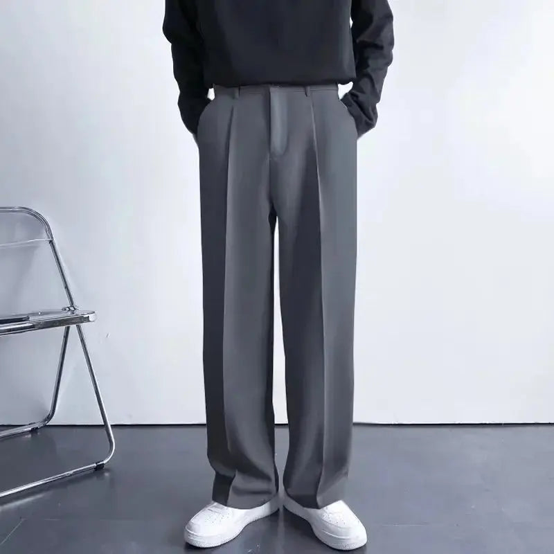 Men's Straight Pants – Korean Loose Fit Casual Draped Baggy Wide Leg Trousers, White Streetwear