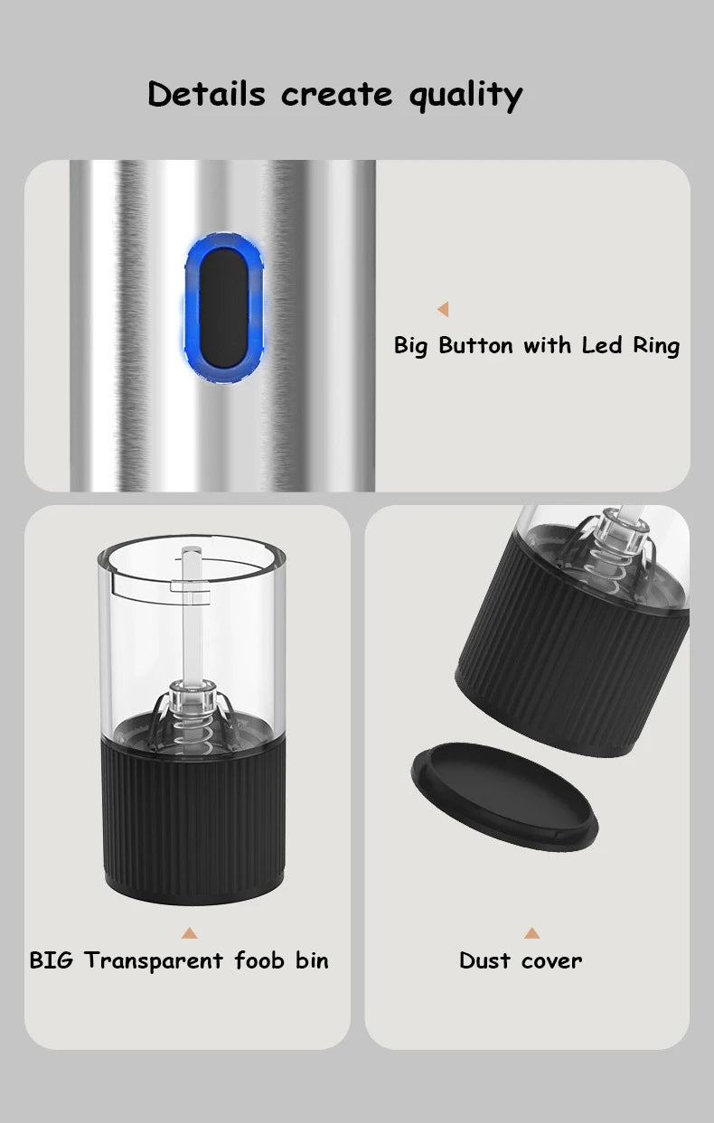 Electric Salt and Pepper Grinder – Automatic Rechargeable Mill with Adjustable Coarseness, Kitchen Appliances