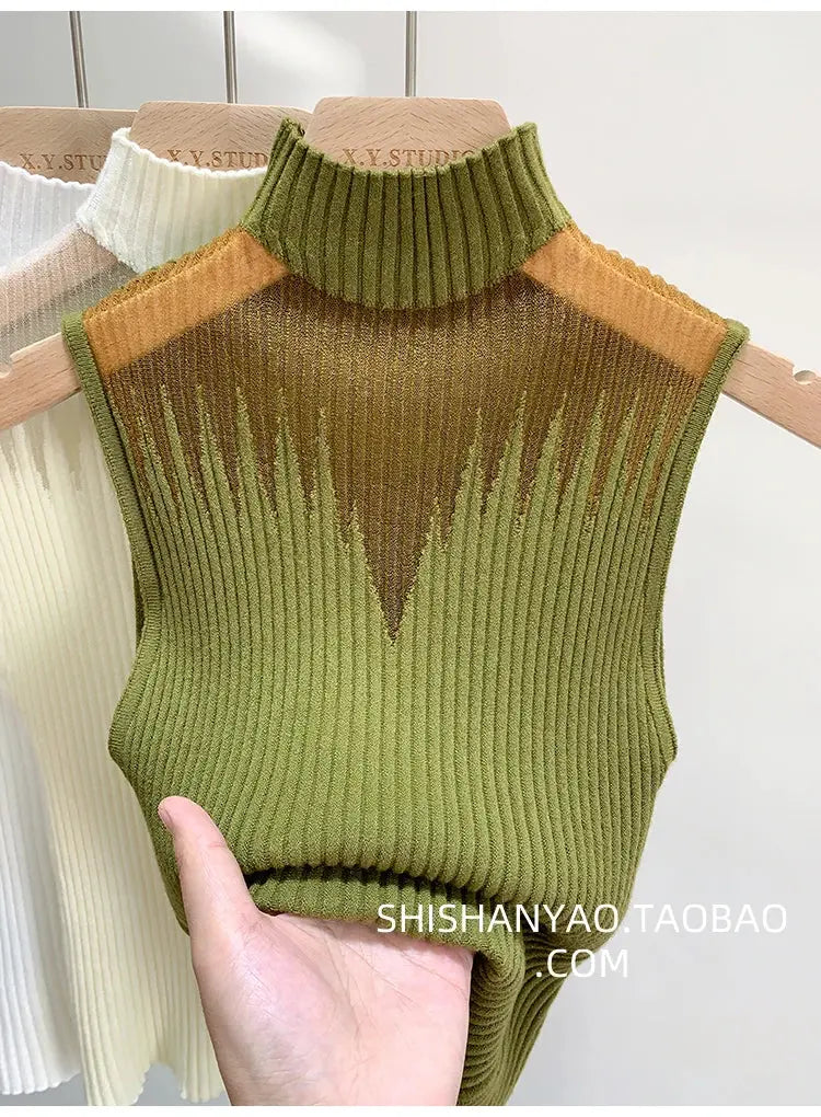 Mesh Knitted Tank Top Women – Y2K Half Neck Sleeveless Vest, Cut Out Streetwear, Solid Skinny Tube Top