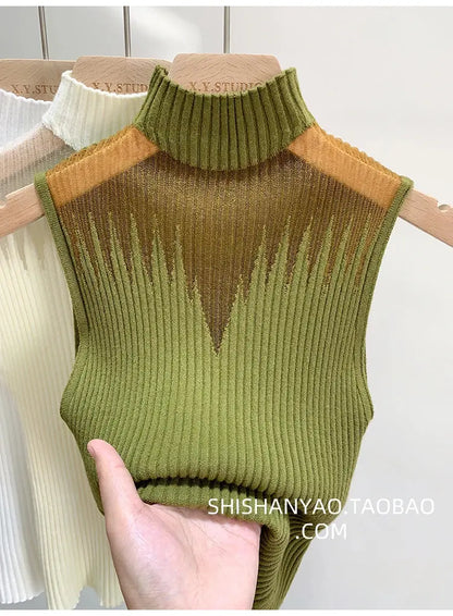 Mesh Knitted Tank Top Women – Y2K Half Neck Sleeveless Vest, Cut Out Streetwear, Solid Skinny Tube Top
