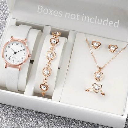 5–6PCS Women’s Fashion Quartz Watch Set – Leather Band Analog Watches with Diamond-Style Accents (No Box)