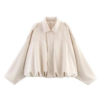 Women's Suede Bomber Jacket – Long Sleeve Zipper Oversize Solid Coat, Chic Streetwear - Rehmiar