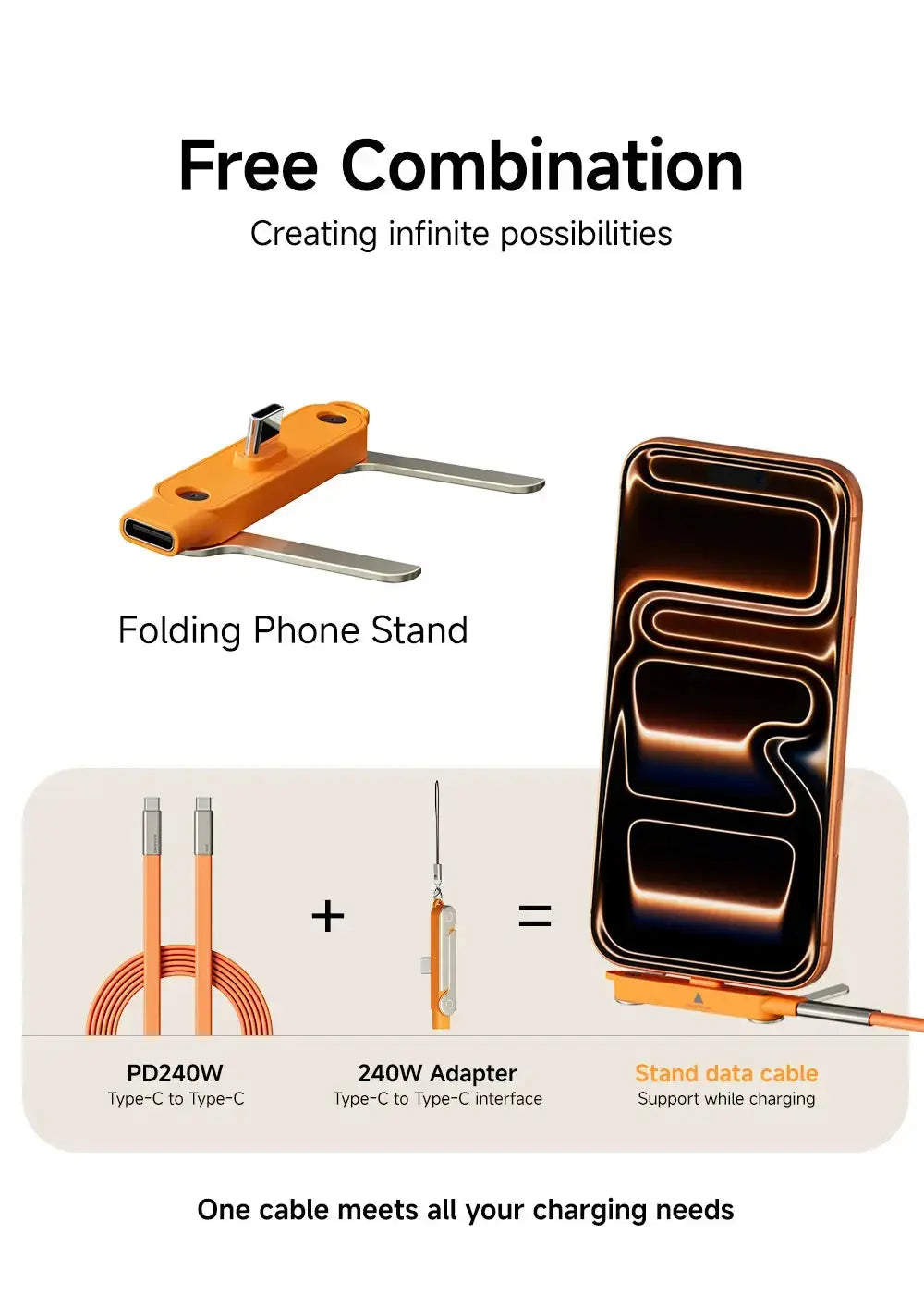 240W 2-in-1 Fast Charging Cable with Foldable Bracket – Type-C to Type-C Data Wire & Phone/Tablet Stand (Black/Orange) Rehmiar