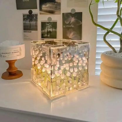 DIY Tulip Flower Cube Night Light – 3D Creative Handmade Lamp Gift - Rehmiar
