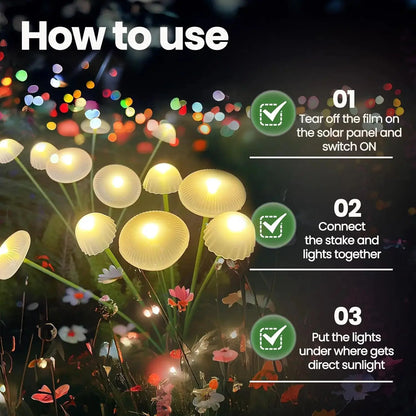 Instructions on how to use solar mushroom lights with a blurred night scene in the background.
