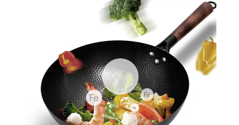 32cm Carbon Steel Wok Pan – Non-Stick Flat Bottom Stir Fry Wok with Wooden Lid for Electric Induction and Gas Stove - Rehmiar