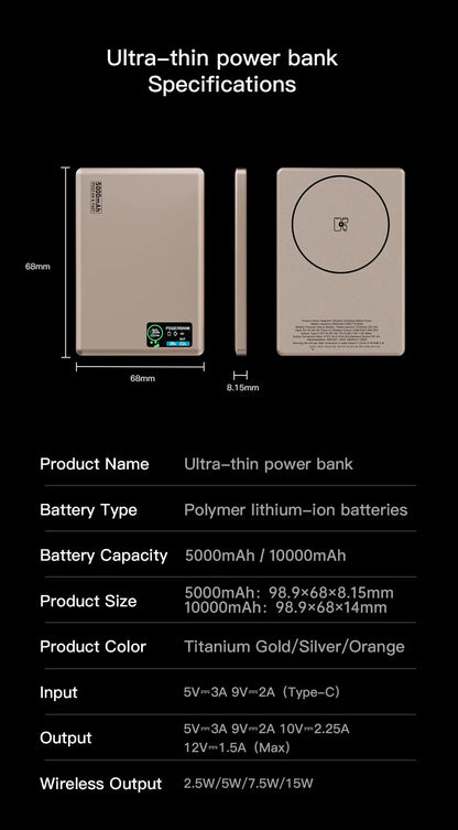 Ultra-thin power bank specifications with dimensions and features on a black background