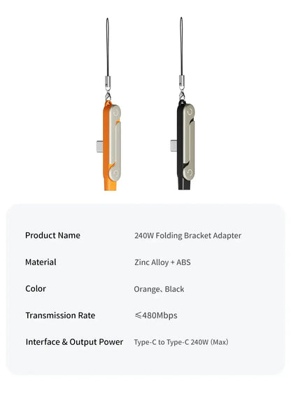 240W 2-in-1 Fast Charging Cable with Foldable Bracket – Type-C to Type-C Data Wire & Phone/Tablet Stand (Black/Orange) Rehmiar