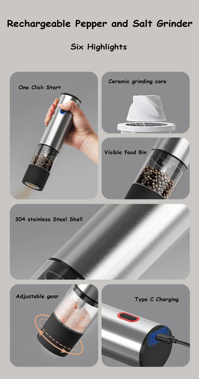 Electric Salt and Pepper Grinder – Automatic Rechargeable Mill with Adjustable Coarseness, Kitchen Appliances