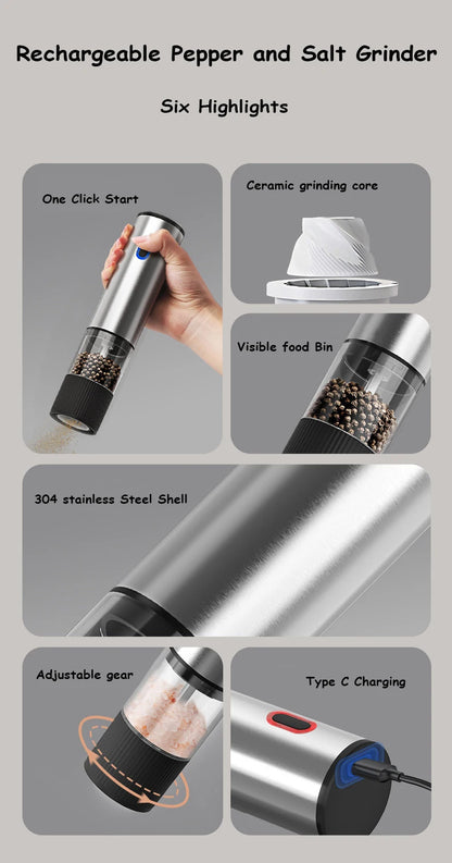 Electric Salt and Pepper Grinder – Automatic Rechargeable Mill with Adjustable Coarseness, Kitchen Appliances