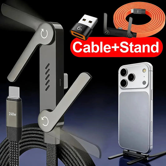 2-in-1 240W Fast Charging Foldable Bracket Cable – Type-C to Type-C & USB to Type-C with OTG Phone Stand - Rehmiar