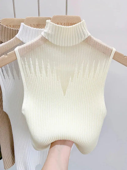 Mesh Knitted Tank Top Women – Y2K Half Neck Sleeveless Vest, Cut Out Streetwear, Solid Skinny Tube Top