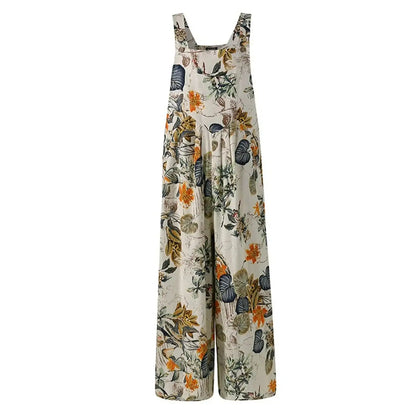Combhasaki Women’s Cotton Linen Floral Jumpsuit – Square Neck Sleeveless Loose Fit Overalls with Pockets (S–3XL) - Rehmiar