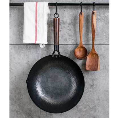 32cm Carbon Steel Wok Pan – Non-Stick Flat Bottom Stir Fry Wok with Wooden Lid for Electric Induction and Gas Stove - Rehmiar