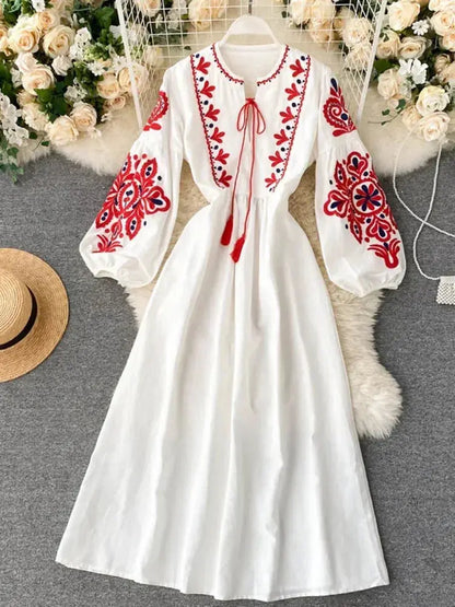Women’s Bohemian Embroidered Autumn Dress – O-Neck Lantern Sleeves, High-Waist Pleated Design - Rehmiar