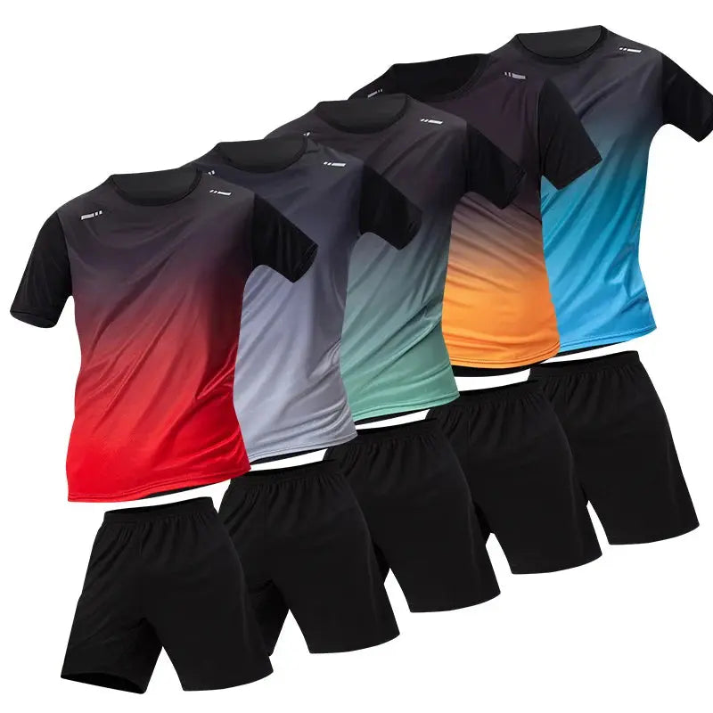 Men's Seasonal Sports Short Sleeve Top & Running Shorts Set – Gradient Quick Drying Multi-Colour Casual Set - Rehmiar