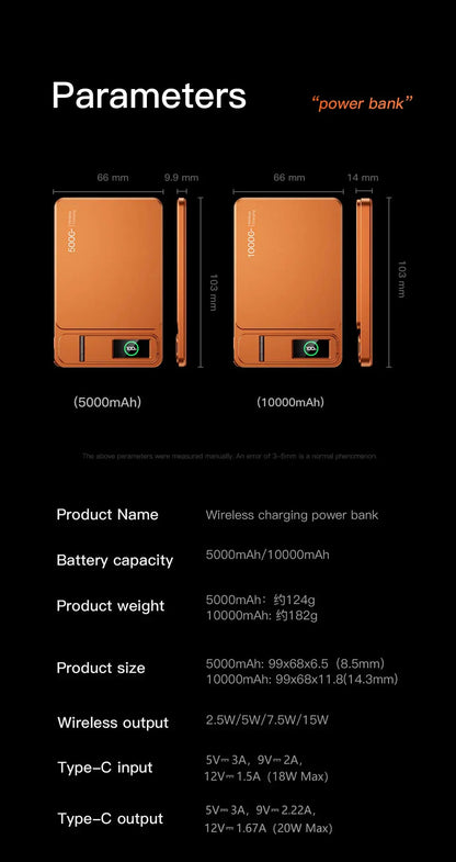Technical specifications of a wireless charging power bank on a black background