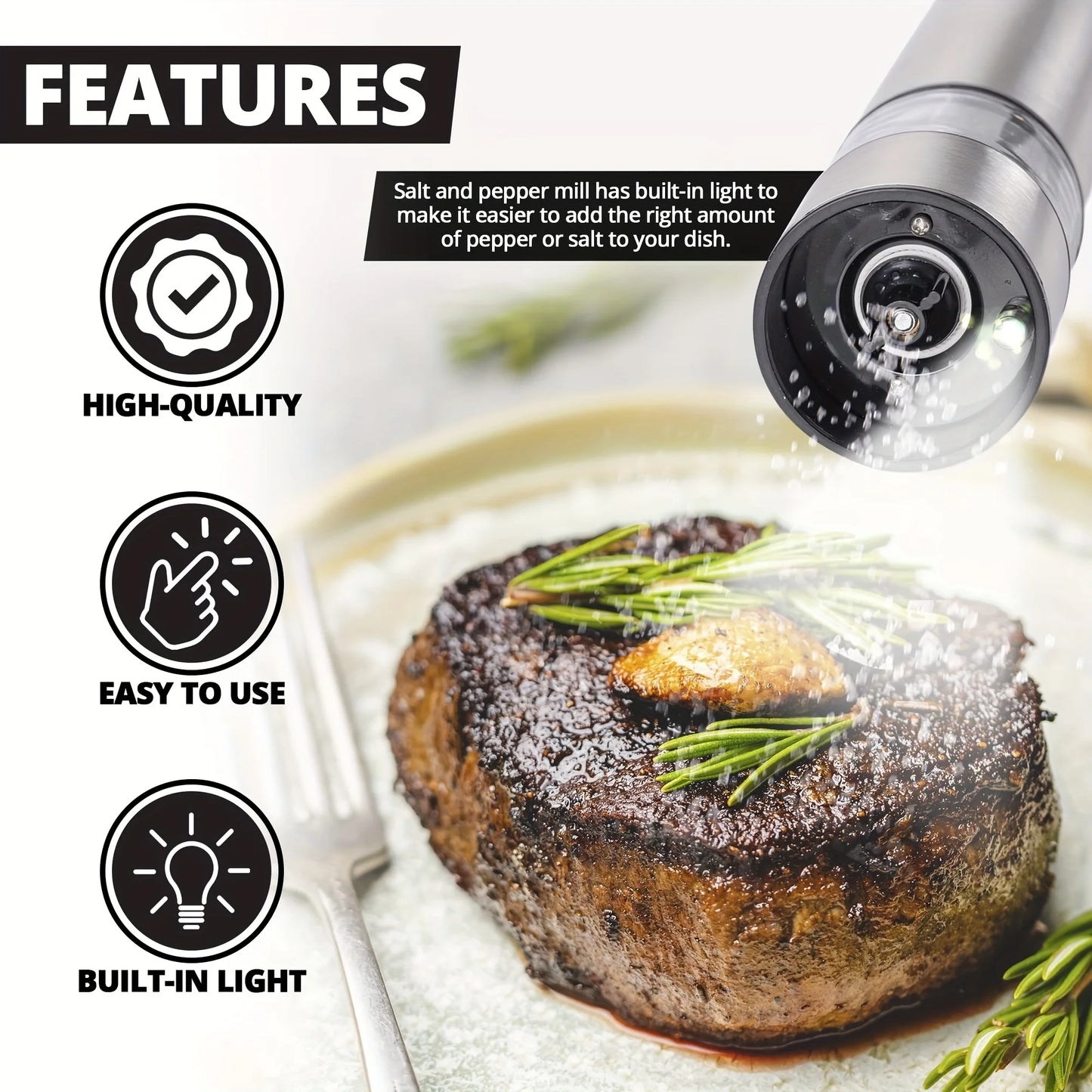 Electric Salt and Pepper Grinder Set – One-Handed Operation Stainless Steel Spice Mill with Light, Automatic for Kitchen