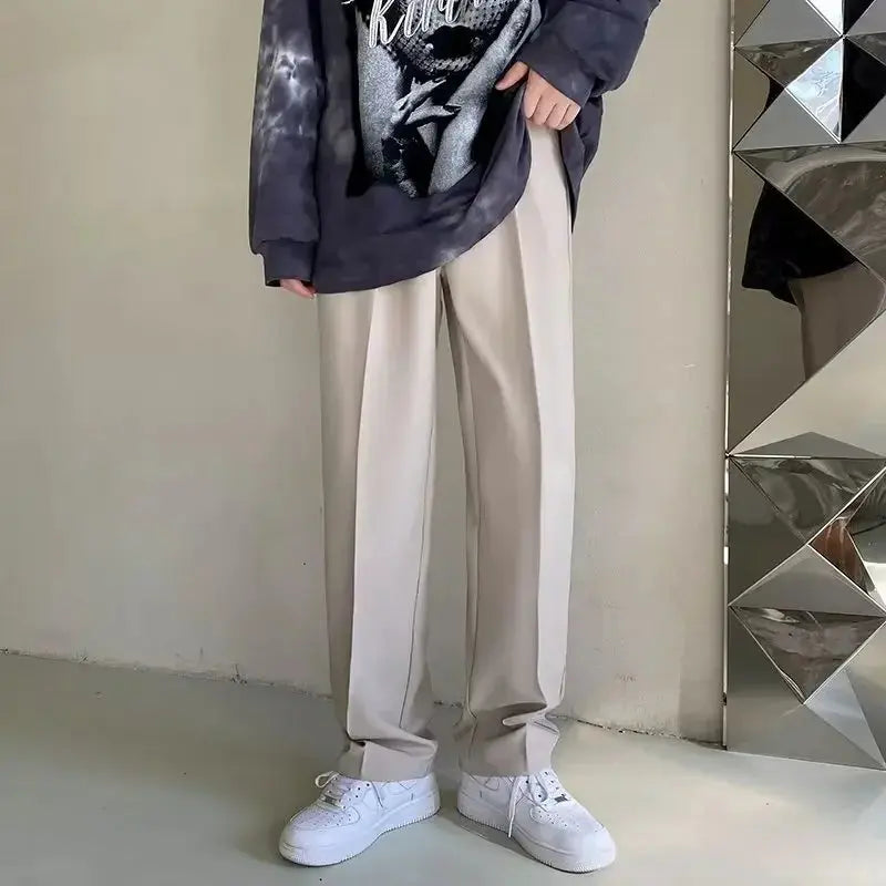 Men's Straight Pants – Korean Loose Fit Casual Draped Baggy Wide Leg Trousers, White Streetwear