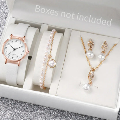 5–6PCS Women’s Fashion Quartz Watch Set – Leather Band Analog Watches with Diamond-Style Accents (No Box)