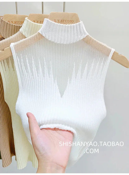 Mesh Knitted Tank Top Women – Y2K Half Neck Sleeveless Vest, Cut Out Streetwear, Solid Skinny Tube Top