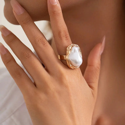 Semi Baroque Imitation Pearl Alloy Open Adjustable Rings for Women