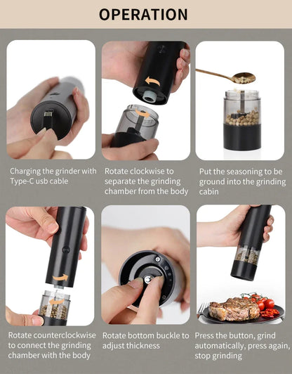 Step-by-step instructions for using a pepper grinder with images of hands performing actions.