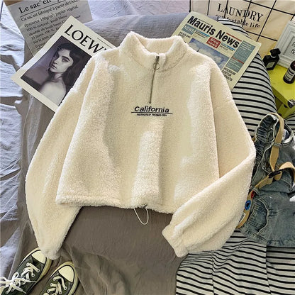 Women Stand Neck Fleece Cropped Autumn Hoodies Letter Embroidery Long Sleeve Drawstring Sweatshirt Elegant Plush Velvet Tops