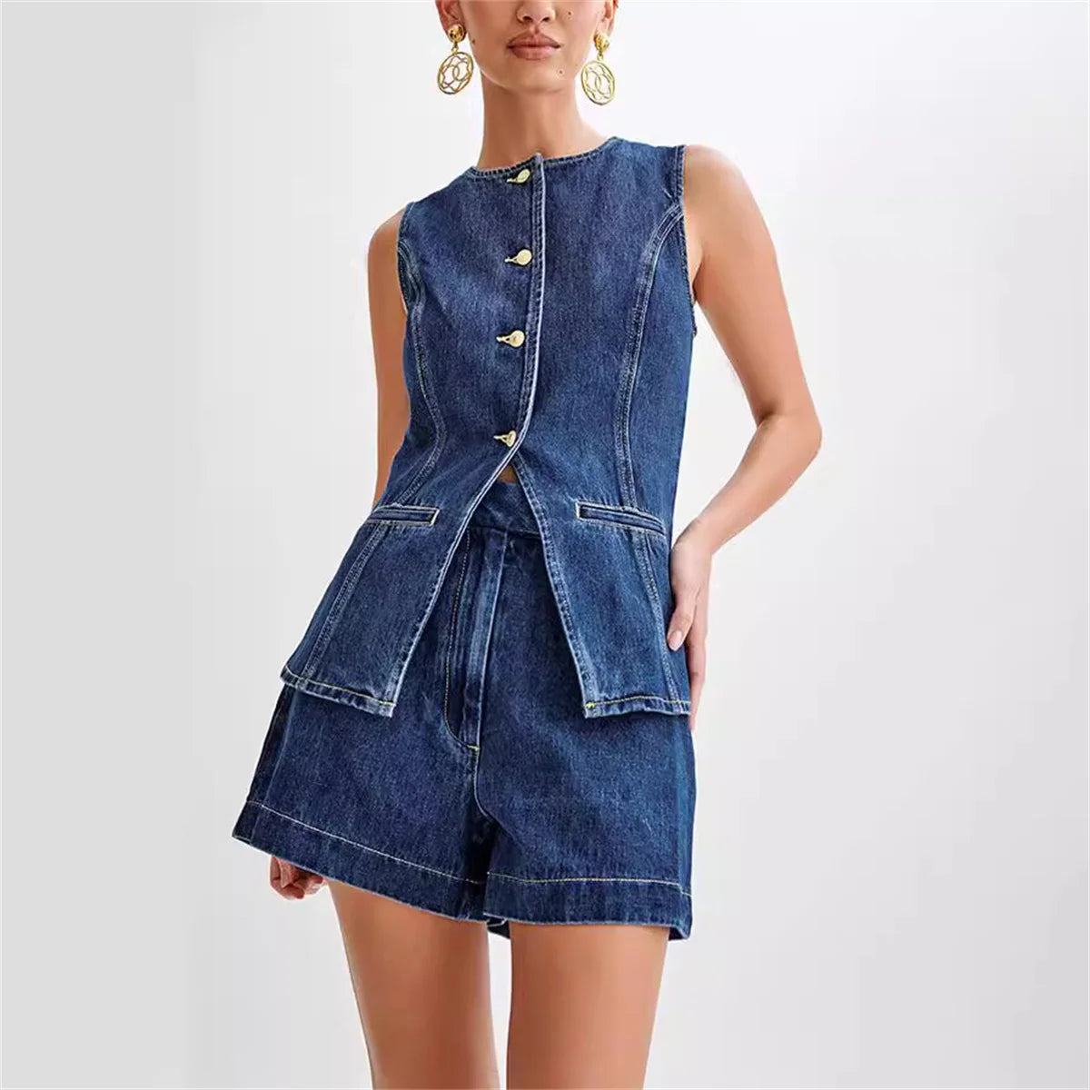 Summer Women's Denim Shorts Suit Sleeveless O-neck Modern Fit Vest High Waist Wide Leg Shorts