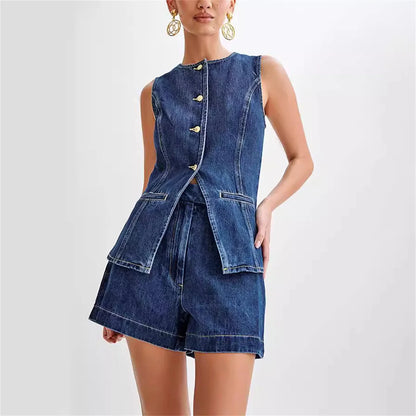 Summer Women's Denim Shorts Suit Sleeveless O-neck Modern Fit Vest High Waist Wide Leg Shorts