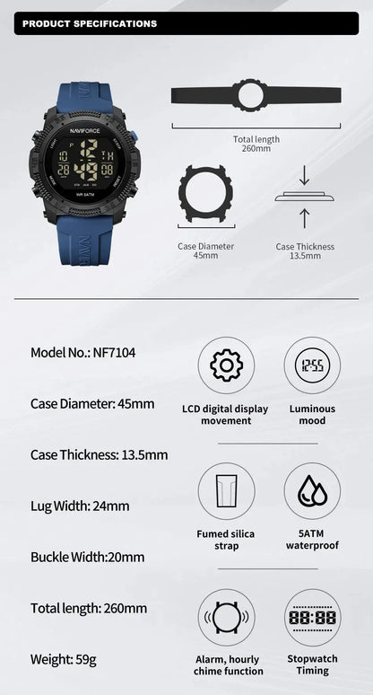 Naviforce  Luxury Men's Fashion Watch – Water Resistant Silicone Strap LCD Electronic Clock